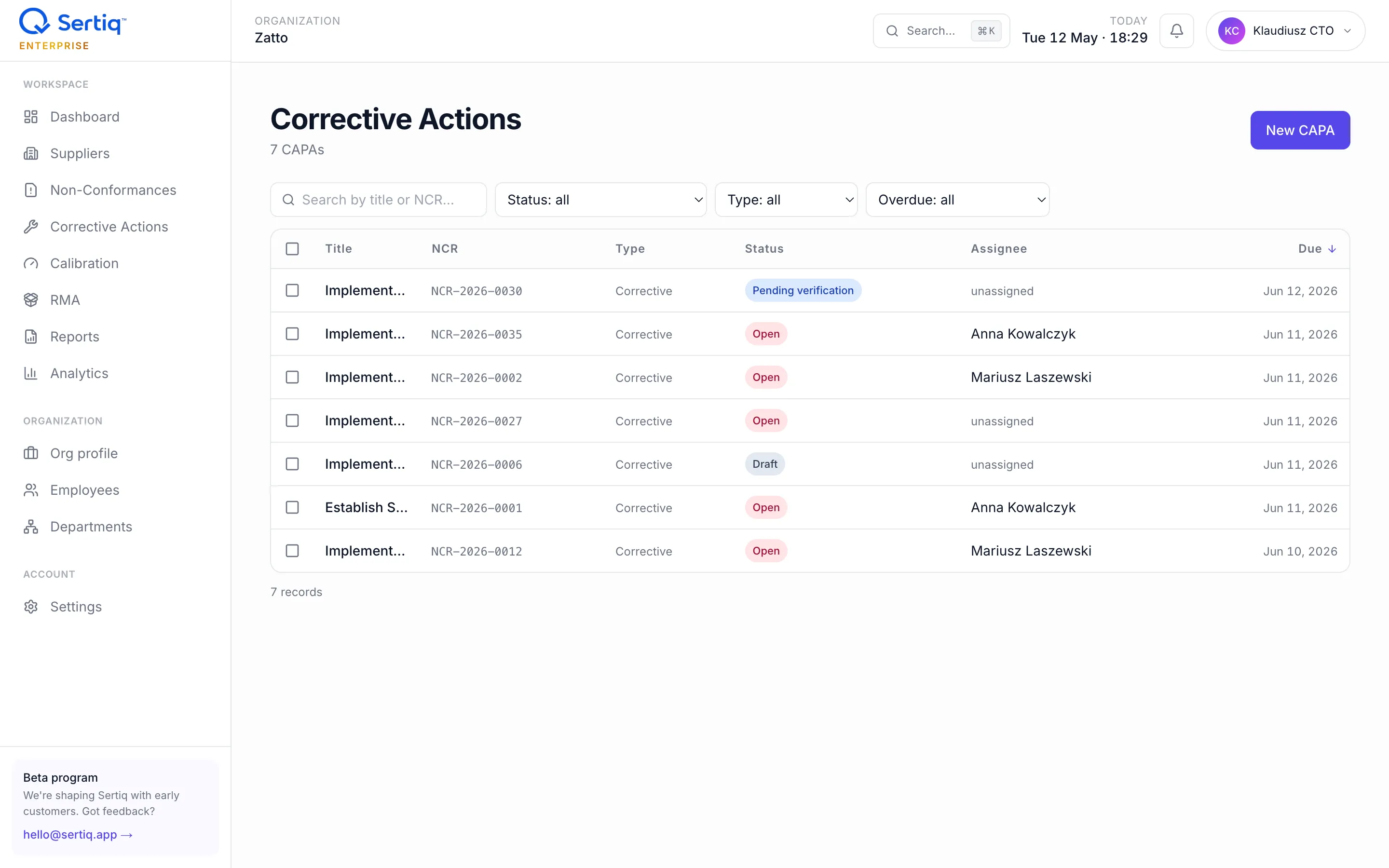 CAPA list with filters and bulk actions