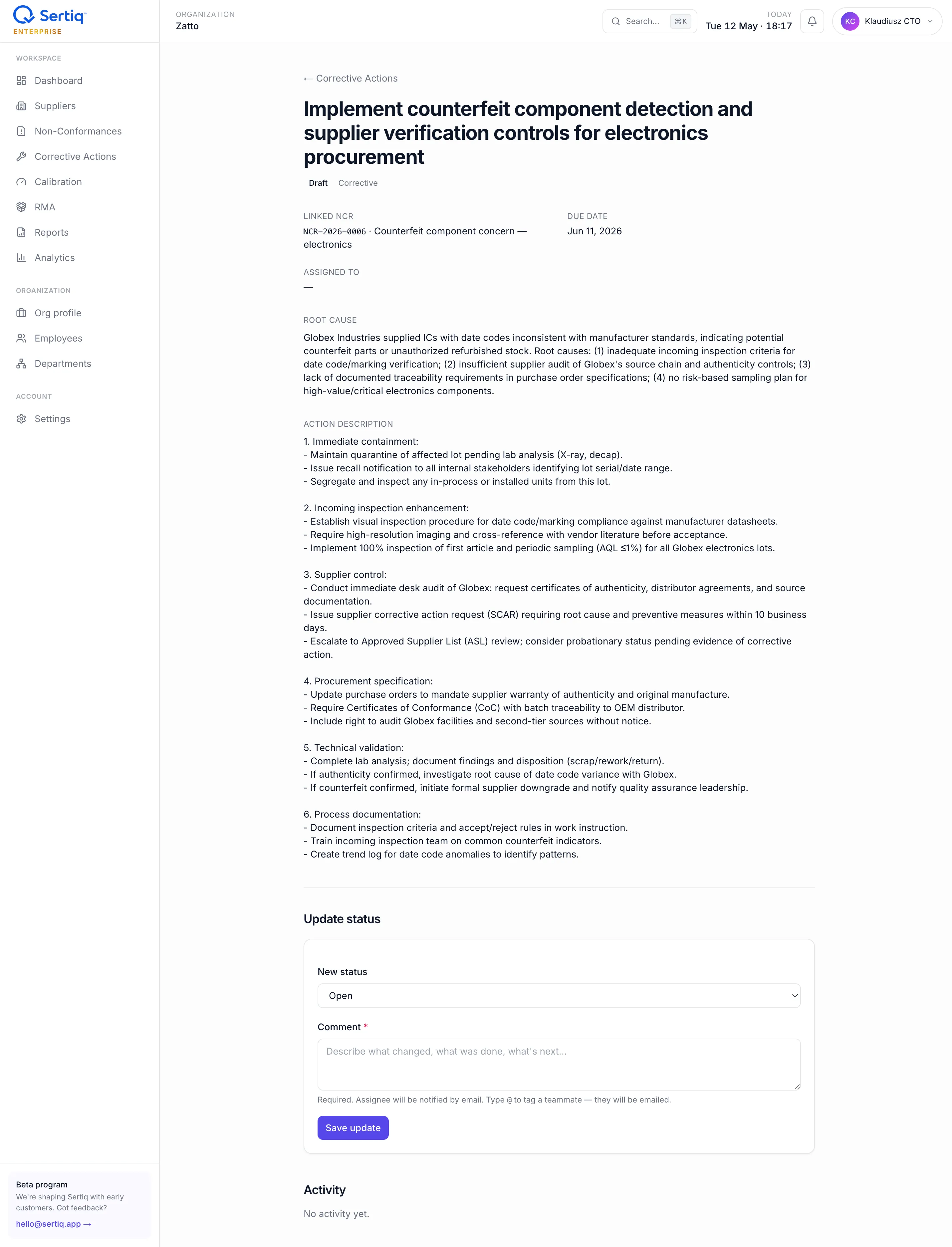 CAPA detail — root cause and action description