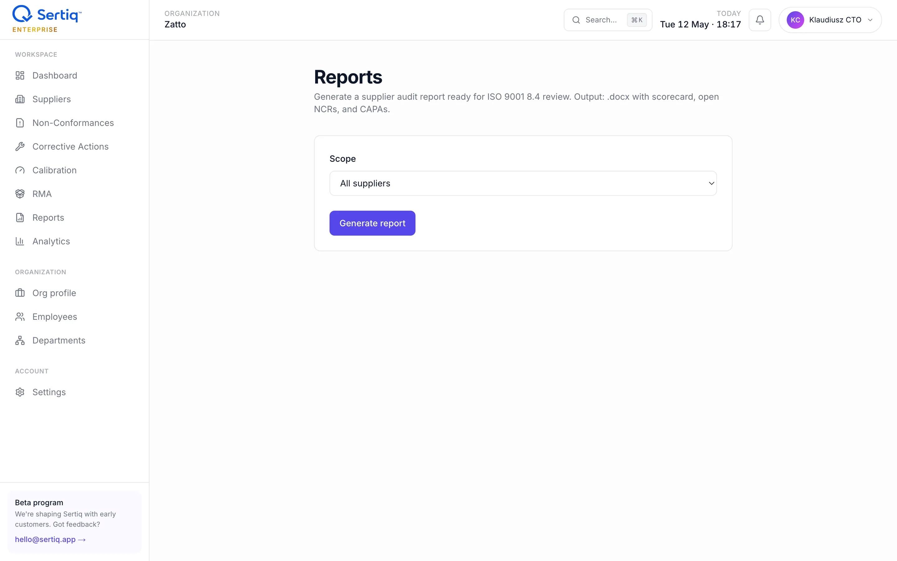 Reports — generate supplier audit .docx
