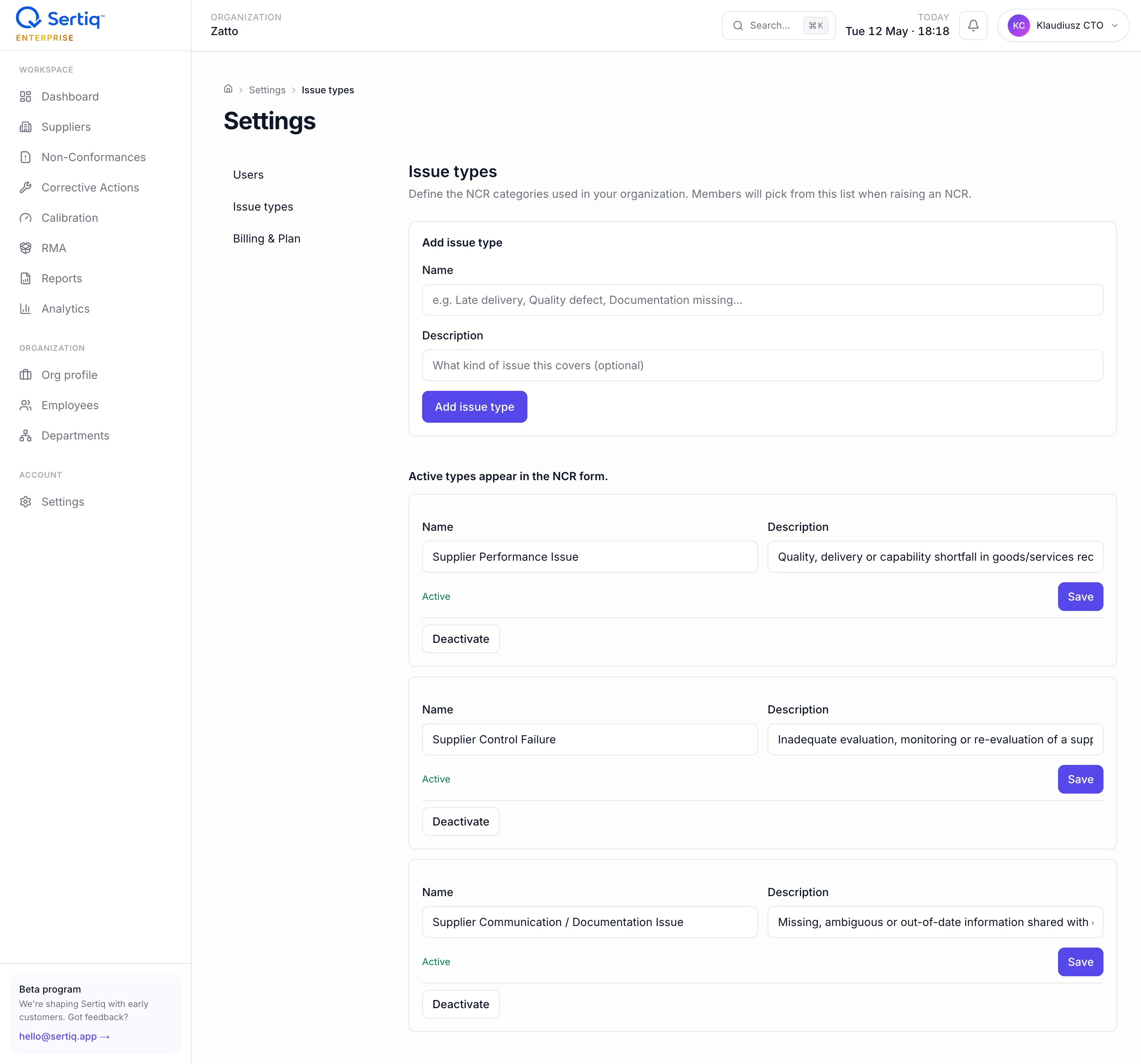 Settings — Issue types