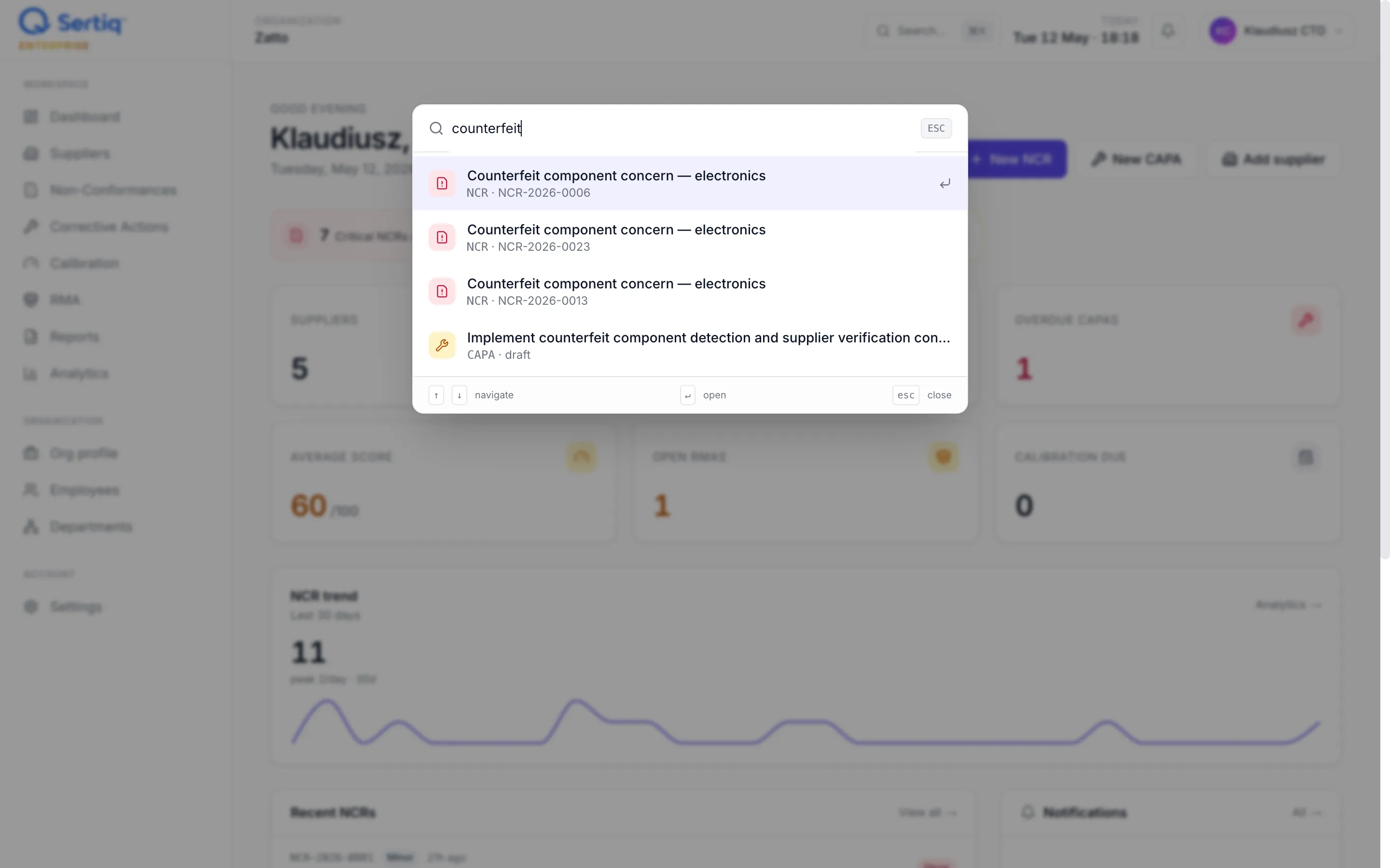 Cmd+K global search with live results
